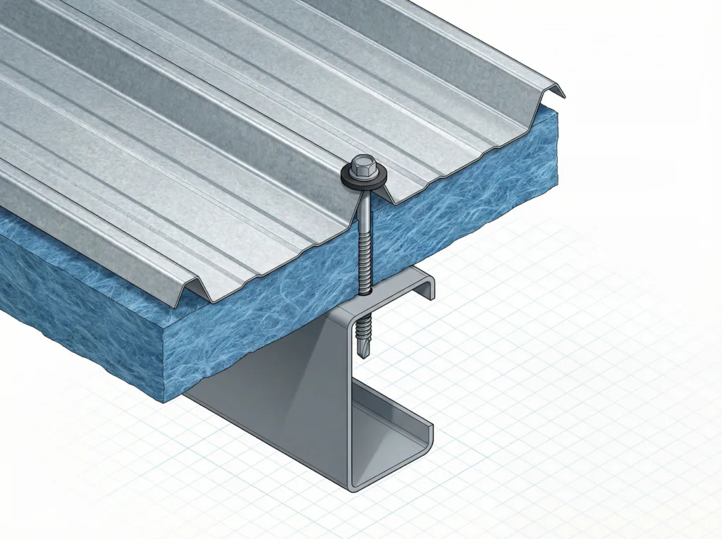 ภาพตัดขวางสกรูหลังคาเมทัลชีททะลุแป โผล่ 3 เกลียว